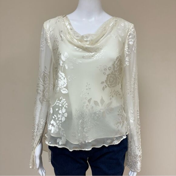 Adrianna Papell Beaded Evening Essentials Long Sleeve Rayon Silk Blouse Floral M - Picture 4 of 14